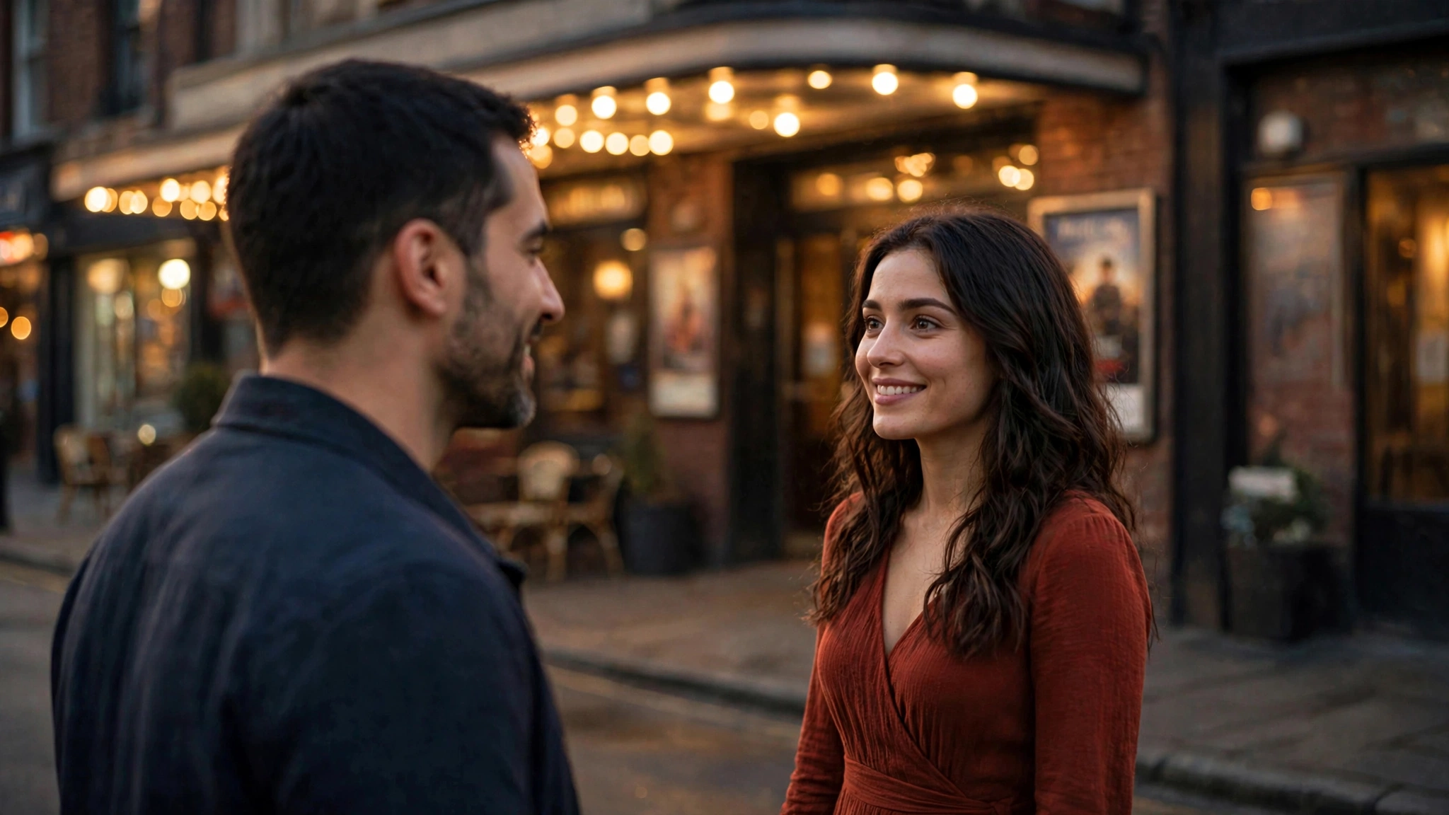 The man has approached the woman and introduced himself; she smiles at him