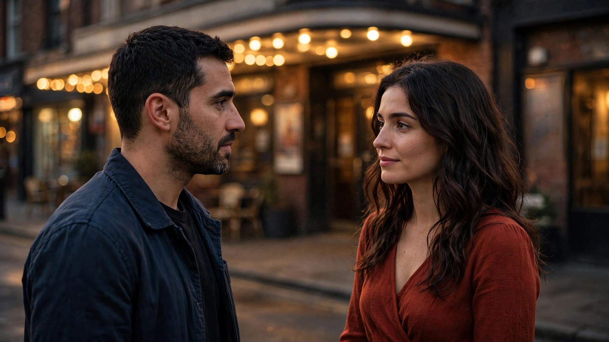 A man has just invited a woman on a date outside a small cinema; she is about to answer