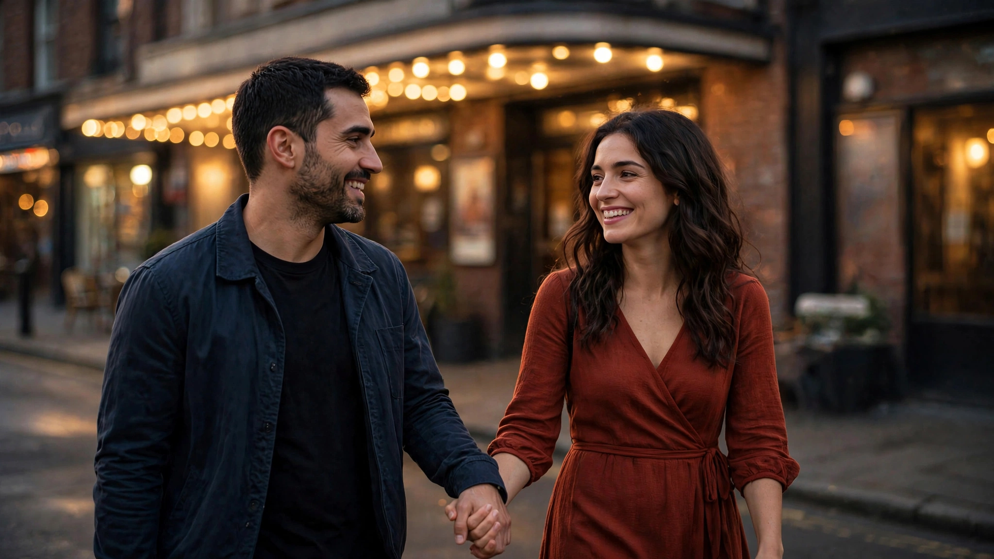 The same couple walking hand in hand, smiling, after she said yes